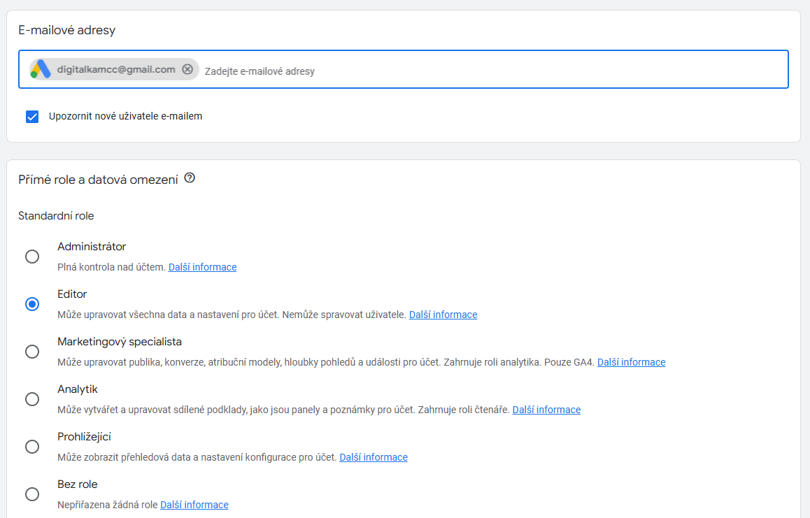 Google Analytics 4 - přidání role