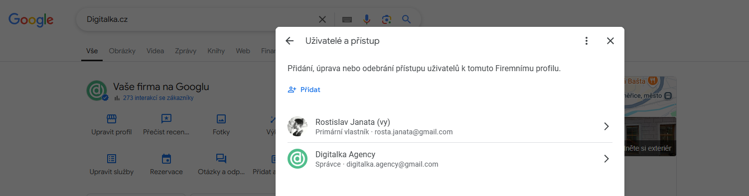 Google Moje Firma - přidělení přístupů