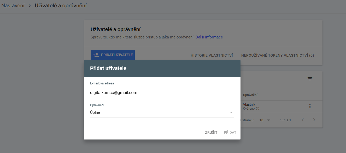 Google Search Console - přidat uživatele