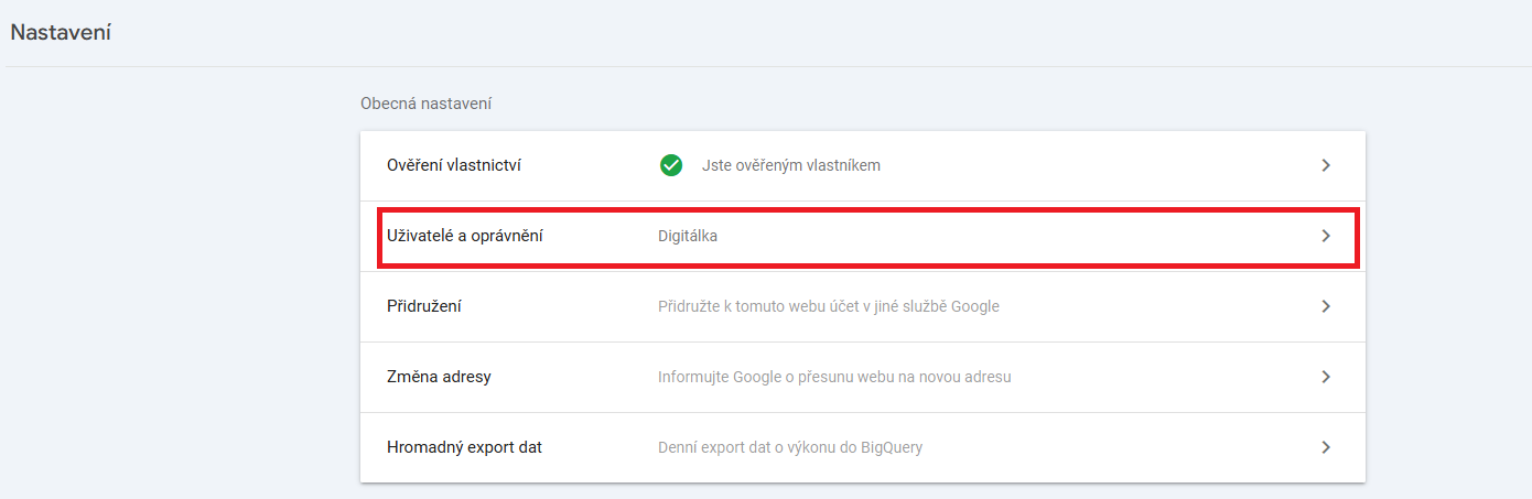 Google Search Console - uživatelé a oprávnění