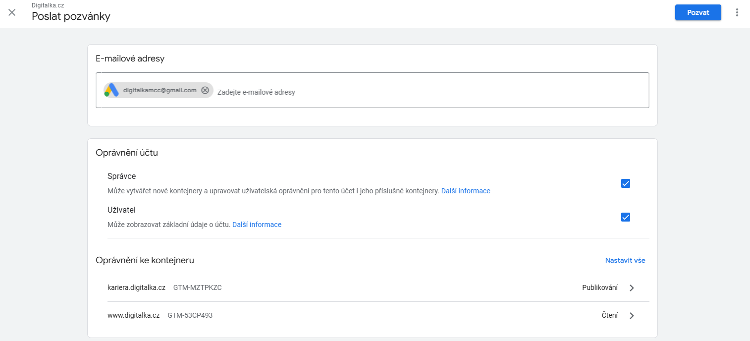 Google Tag Manager - přidání oprávnění