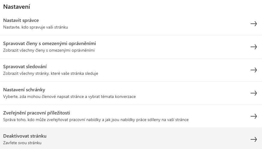 LinkedIn - nastavení správce