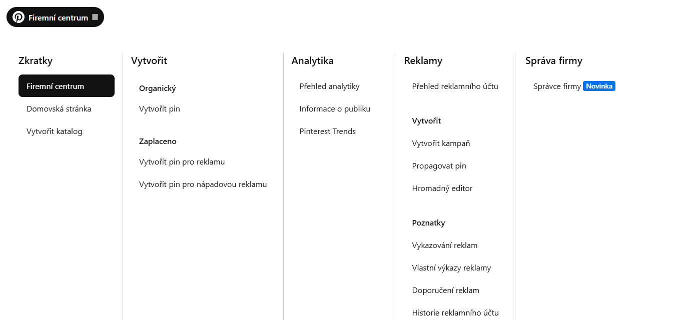 Pinterest - firemní centrum