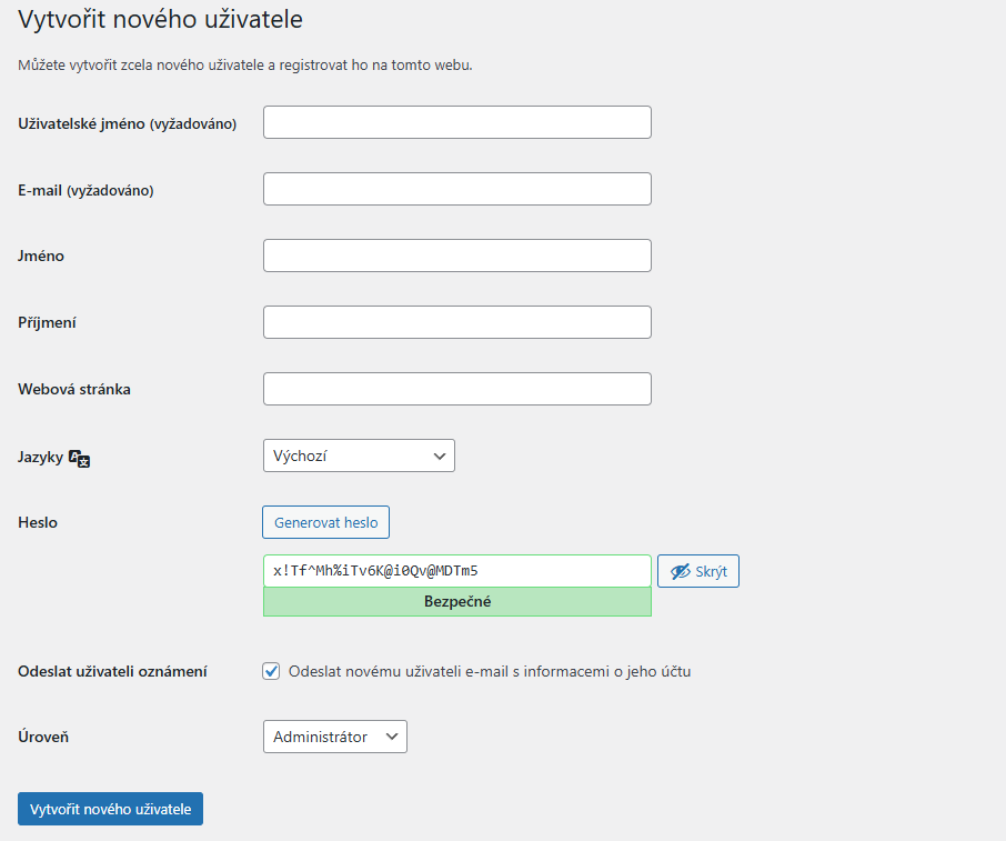 WordPress - Vytvořit nového uživatele